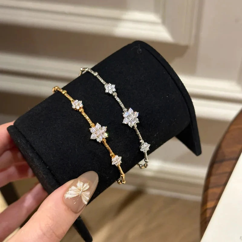 French Style Light Luxury Exquisite Bracelet Chic Elastic Flower Bracelet Sparkling Zircon Snowflake Ring 925 Silver Jewelry Set Lootquake LLC