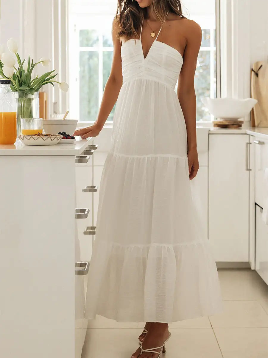 Women Low Cut Backless Maxi Dresses Elegant Spaghetti Strap Tiered Long Dress Relax Fit Open Back Cutout Flowy Sundress