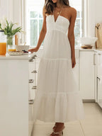 Women Low Cut Backless Maxi Dresses Elegant Spaghetti Strap Tiered Long Dress Relax Fit Open Back Cutout Flowy Sundress