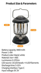 Outdoor Camping Lantern Portable USB Rechargeable Lamp Retro LED Light For Emergency Fishing Hiking Tent Nightlight Waterproof
