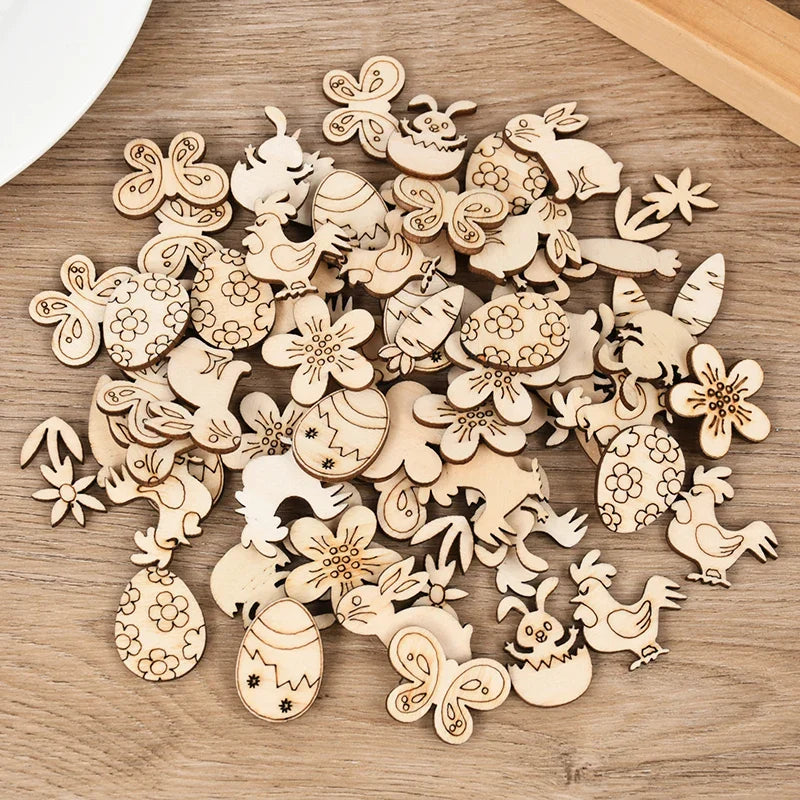 50pcs Easter Wooden Confetti Rabbit Carrot Eggs Kids Painting DIY Crafts Wood Slice 2025 Spring Easter Party Decoration For Home Lootquake LLC