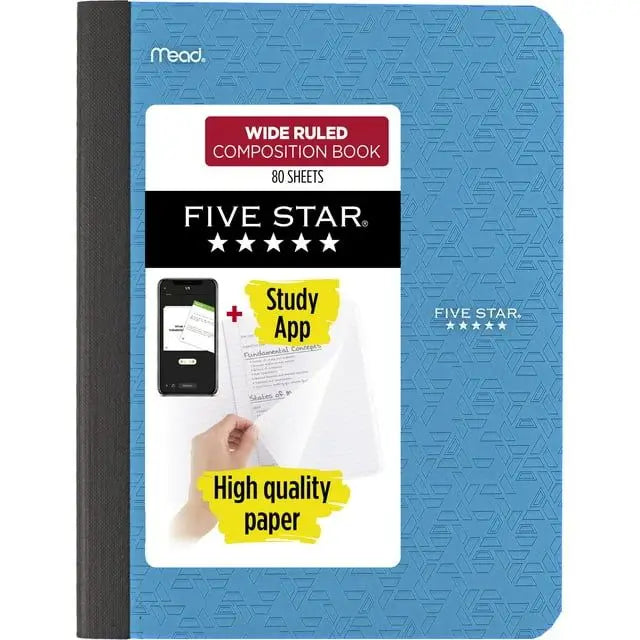 Five Star Tidewater Blue Composition Book with Study App 80 Wide-Ruled Sheets 7.5\" X 9.75\" Lootquake LLC