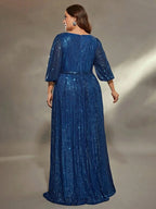 Mgiacy plus size V-neck bust pleated mid-long sleeve A-frame sequin long dress Evening gown PROM dress Party dress