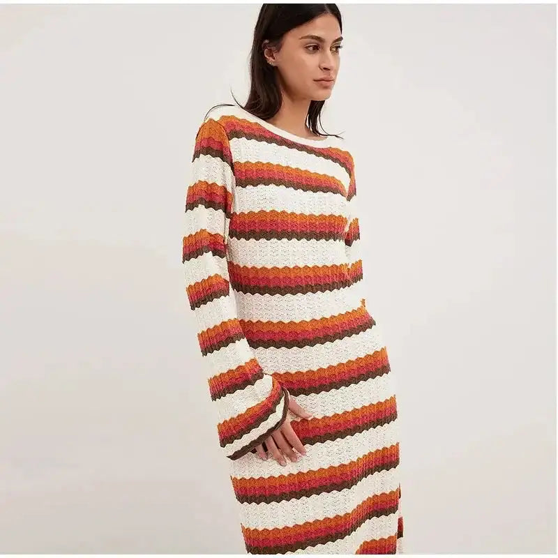 Striped Knitted Long Dress Women O-neck Backless Hollowed Out Long Sleeves Lady Bodycon Dress 2024 Spring Summer Vacation Robe