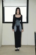 Y2K Sexy Long Sleeved Print Design Long Dress Elegant Slim Square Necked Dress Woman Street Style Wrapped Hip Skirt