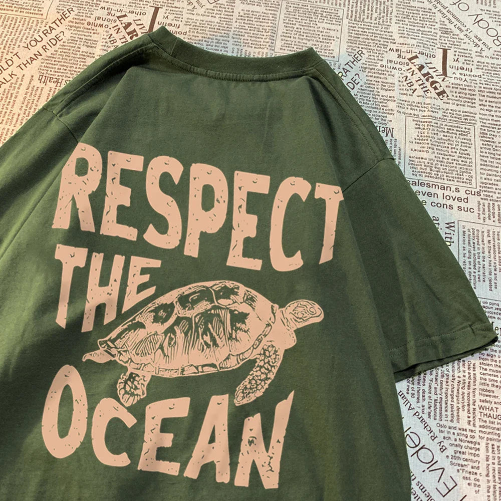 Respect The Ocean Green Turtle T Shirt Men Oversized Clothes Hip Hop Breathable Short Sleeve Harajuku Summer Cotton T-Shirt Lootquake LLC