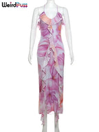 Weird Puss Flower Print Dress Woman Summer Strapless Splits Irregular Tassel Patchwork Backless Bandage Party Skinny Vestidos