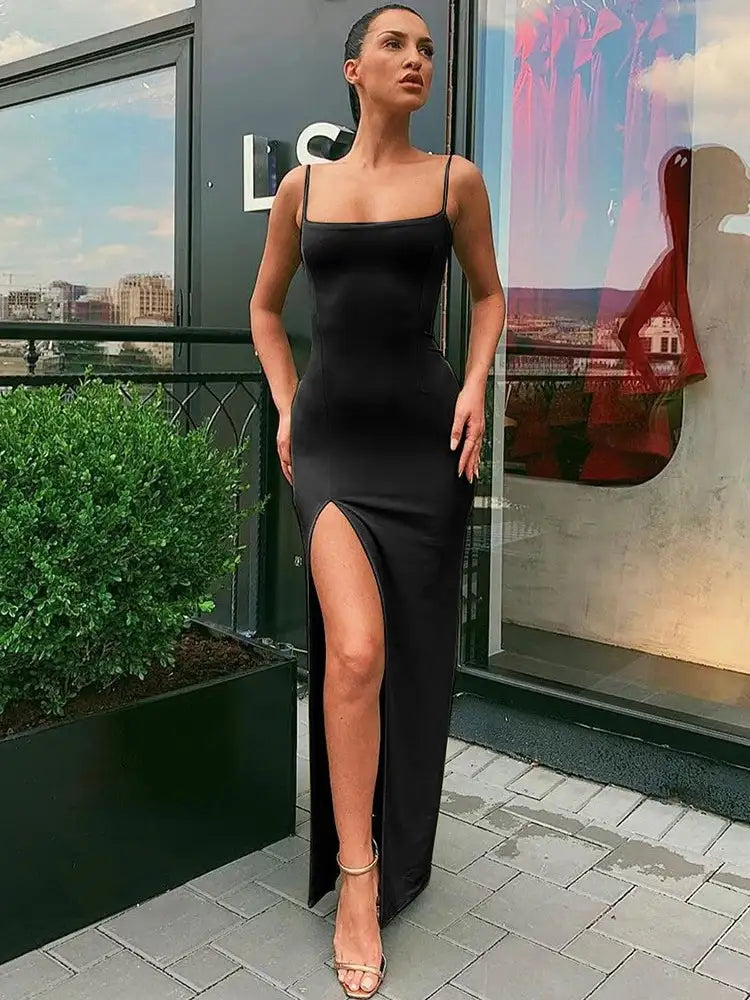 Summer Sexy Dress Women's New Slim Slim Fit Open Back Sexy Split Dress Long Dress Street Style Retro Dress Elegant Robe