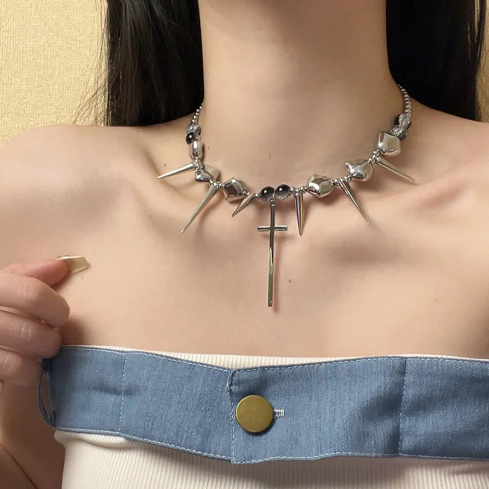 Retro Y2K Long Spike Rivet Necklace Stainless Steel Cross Hip Hop Necklace for Women Vintage Grunge Style Party Jewelry Lootquake LLC