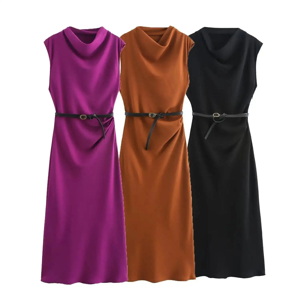 TRAFZA Women's Autumn New Fashion Versatile Belted Midi Slim Long Dress Female Elegant High Street Sleeveless Casual Dress Mujer