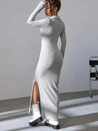 2024 Spring/Summer Knitted Dress Slim Fit Fashion Casual Women's Lapel Long sleeved Dress Concave Stripe Solid Color Long Dress