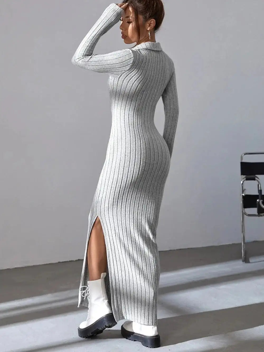 2024 Spring/Summer Knitted Dress Slim Fit Fashion Casual Women's Lapel Long sleeved Dress Concave Stripe Solid Color Long Dress