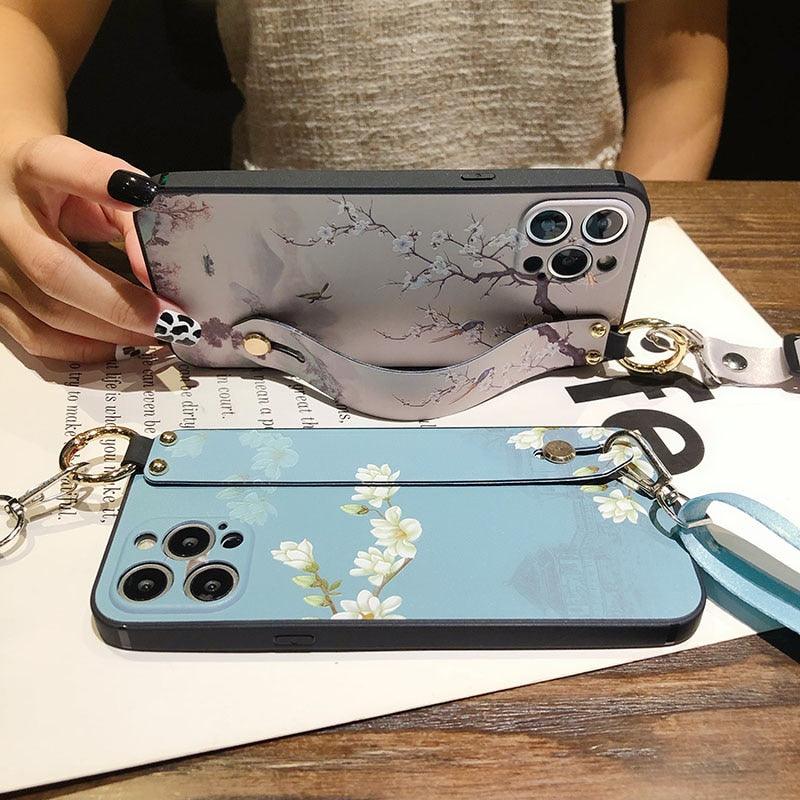 Ultra Luxury Case Cute Flower Design with Ring Kickstand Soft Crossbody Phone Cover for iPhone 13 14 Pro Max Case Fashion Crossbody Shoulder Strap Flower Leaf Phone Holder Cover for iPhone 12 11 X XR XS 7 8 Plus Stevvex