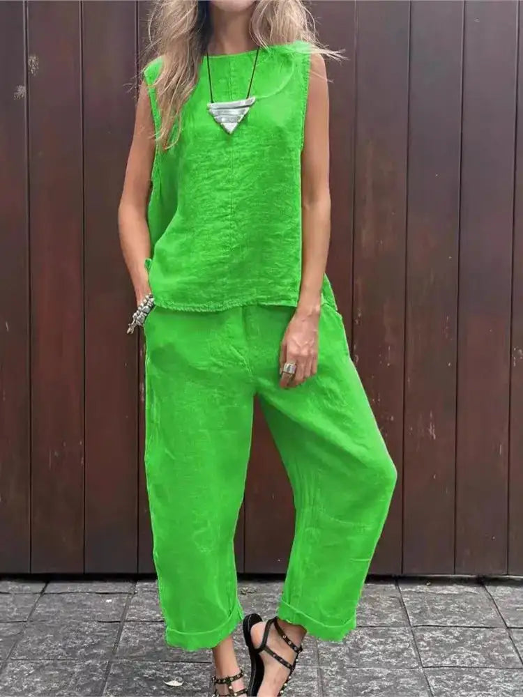 Summer Cotton And Linen Casual Outfits Female Fashion Solid Color Two-piece Set For Women Sleeveless Top Trousers Women's Suit Lootquake LLC