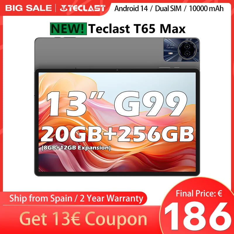 Teclast T65 Max 13 Inch Tablet Android 14 Mediatek Helio G99 (8Gb+12Gb Expansion) 20Gb Ram 256Gb Rom 10000Mah Battery Dual Sim 4g Lte 1920X1200 Gps Widevine L1 for Netflix Lootquake LLC