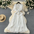 Designer 2025 Summer Pleated Chiffon Lace Long Dress Women Flower Embroidery Gold Button Belt Evening Party Dresses Wedding Robe Lootquake LLC