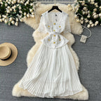 Designer 2025 Summer Pleated Chiffon Lace Long Dress Women Flower Embroidery Gold Button Belt Evening Party Dresses Wedding Robe Lootquake LLC