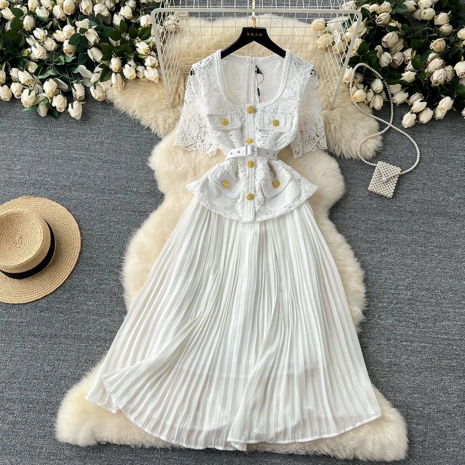 Designer 2025 Summer Pleated Chiffon Lace Long Dress Women Flower Embroidery Gold Button Belt Evening Party Dresses Wedding Robe Lootquake LLC