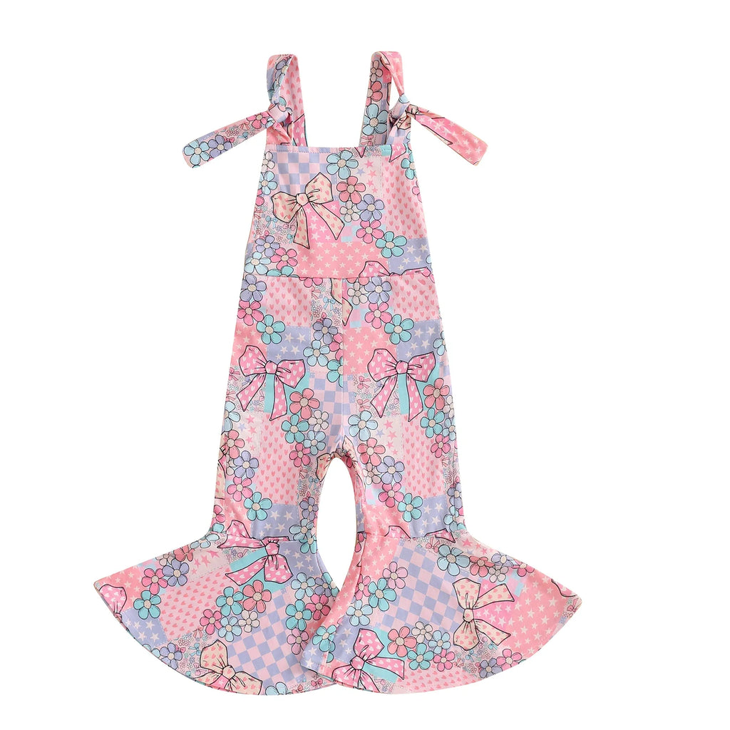 FOCUSNORM 0-4Y Lovely Little Girls Easter Rompers Pants 3 Style Sleeveless Floral Rabbit Print Jumpsuit Suspender Pants