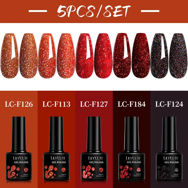 LILYCUTE 5Pcs/Set 7ML Red Brown Nail Gel DIY Nail Art Semi Permanent UV Gel Polish Long Lasting Design Manicure Kit Supplies Lootquake LLC