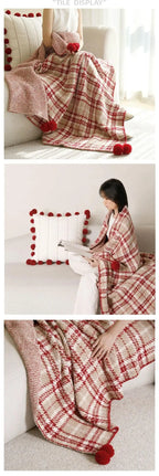 Half Flannel Plaid Blanket with Wool Balls Four Season Universal Red Soft Sofa Blanket Warm Napping Shawl for Home Travel Lootquake LLC