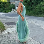 Sexy Sleeveless Hollow Irregular Long Dress Fashion Backless Slim Fit Party Dress Lady Elegant Feather Patchwork Suspender Dress