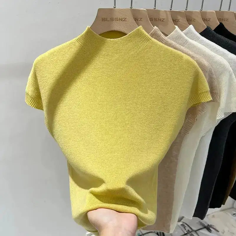 Half High Collar T-shirts Flying Sleeve Design Slim Knitted Sleeveless Top Women Simple Comfortable White T-shirts Summer 2025