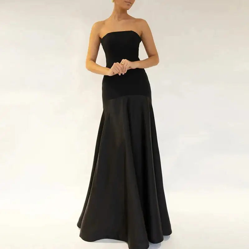 Casual Patchwork Pleated Robe Dresses Ladies Fashion Strapless High Waist Banquet Dress Sexy Hollow Off Shoulder Slim Long Dress
