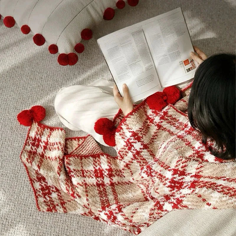 Half Flannel Plaid Blanket with Wool Balls Four Season Universal Red Soft Sofa Blanket Warm Napping Shawl for Home Travel Lootquake LLC