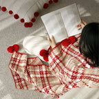 Half Flannel Plaid Blanket with Wool Balls Four Season Universal Red Soft Sofa Blanket Warm Napping Shawl for Home Travel Lootquake LLC
