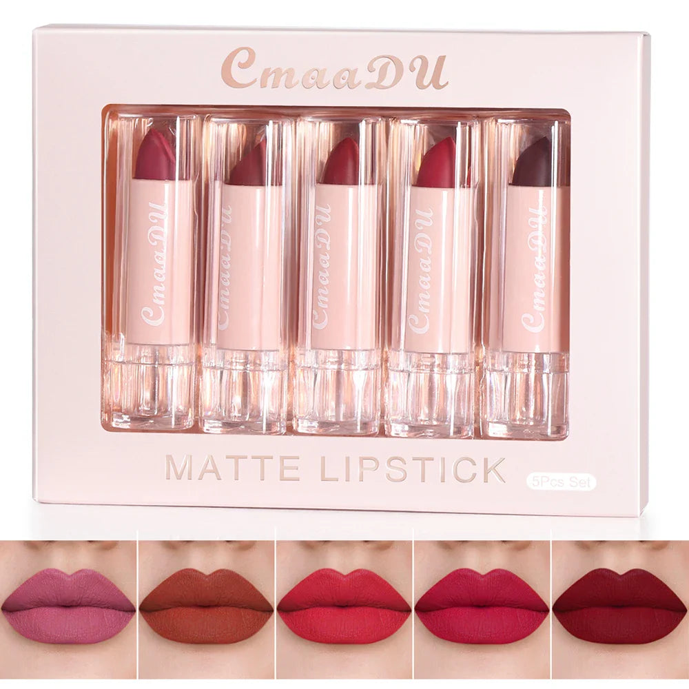 5 Pcs  Matte Lipstick Sets Lip Gloss Moisturizing Long-lasting Easy Makeup Fashion Classic Shades For Daily Date Exquisite Gift Lootquake LLC