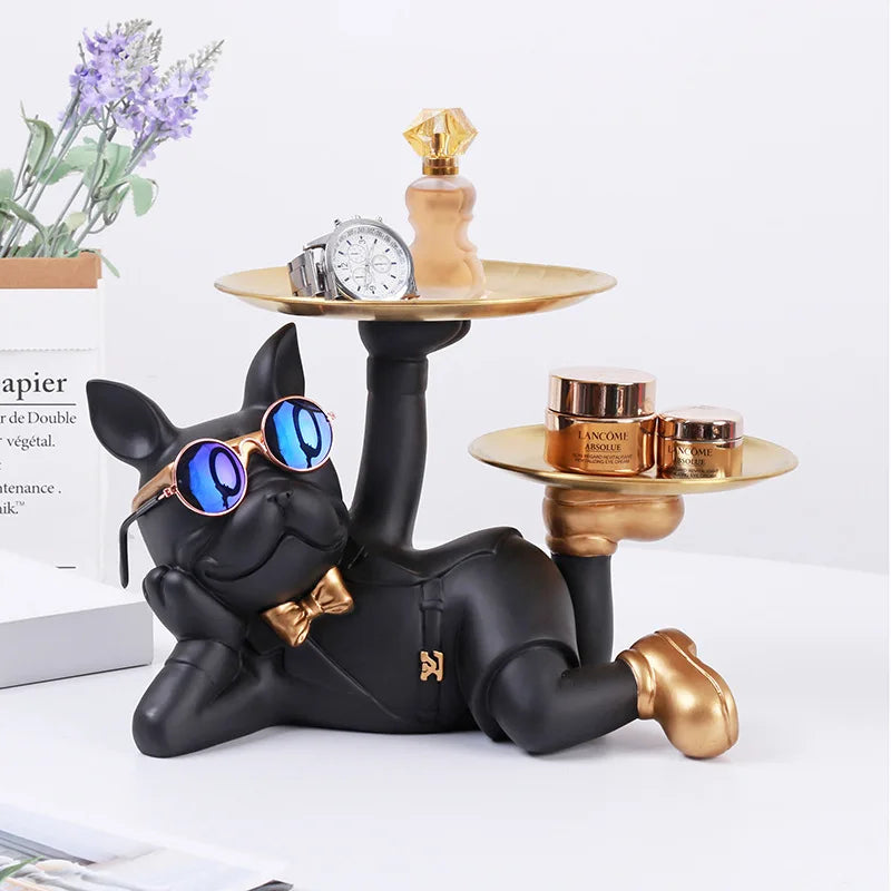 Resin Bulldog Desktop Storage Statue Animal Sculpture Dining Table Decor Multi Functional Office Home Decoration Tray Decor Pi-Mart