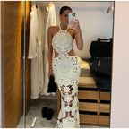 Fashion Hollow Out Halter Maxi Dress For Women 2024 Sexy Sleeveless Backless Long Dress Holiday Hook Flower Knitted Beach Robe