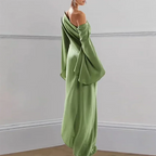 Sexy Oblique Shoulder Solid Irregular Dress Women Elegant Skew Collar Backless Long Dress Autumn Flare Sleeve Slit Party Dresses