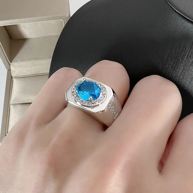 Men Ring Adjustable Top Grade Crystal Oval Ring Silver 925 Male Finger Accessories Boyfriend Engagement Accessories Lootquake LLC