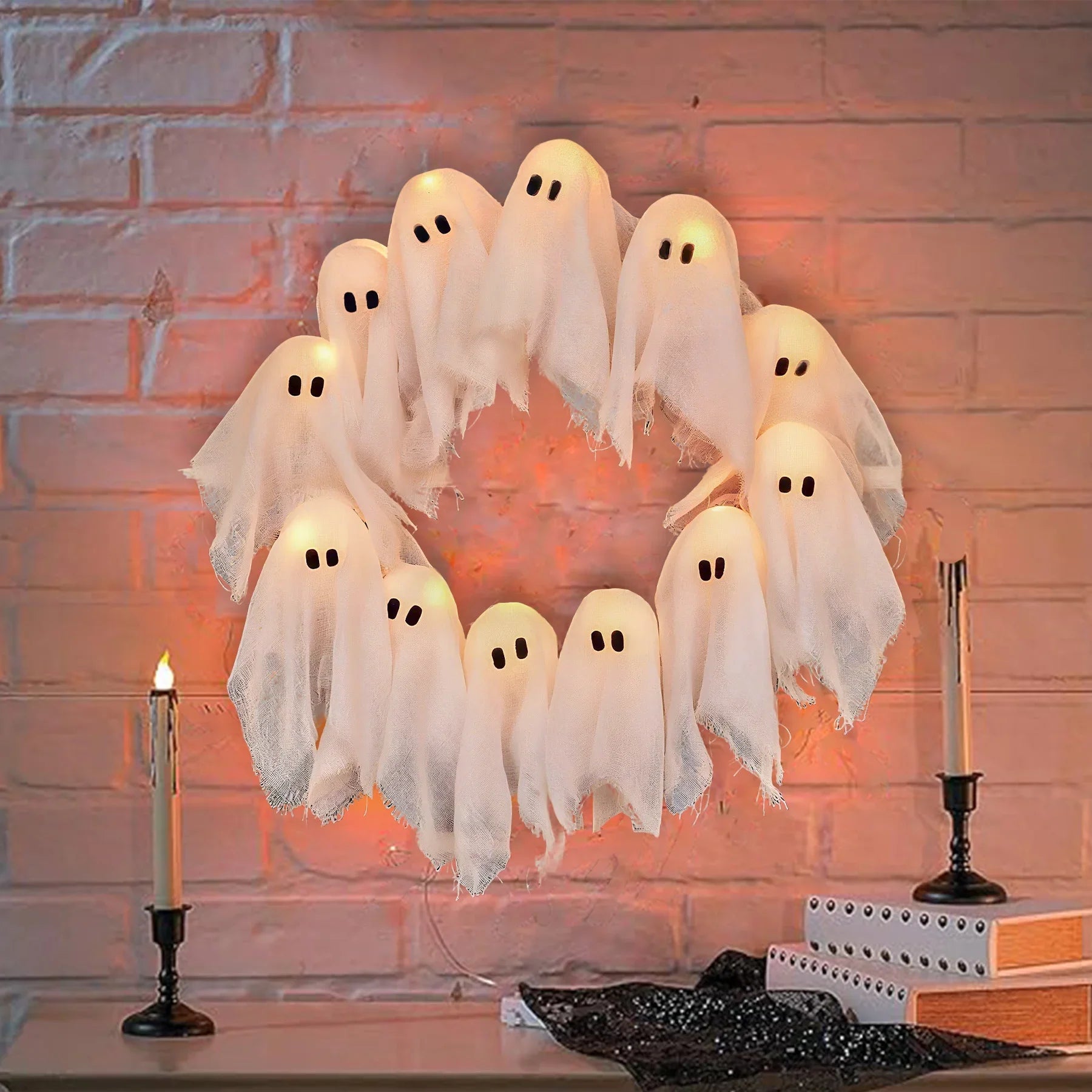 Halloween Light-up Ghost Wreath Decoration for ndoor Outdoor Wall Decor Spooky Front Door Led Hanging Decor Props Lootquake LLC