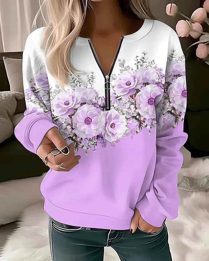 Floral Oversized Zip-Up Hoodie for Women THRIXINE