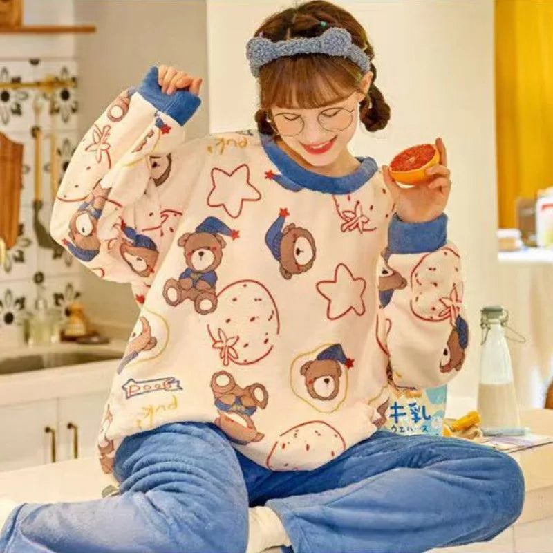 Thickened Warm Sleepwear for Winter Plus Size Padded Flannel Long Sleeve Student Pajamas Loungewear Two Piece Nightwear Homewear Lootquake LLC