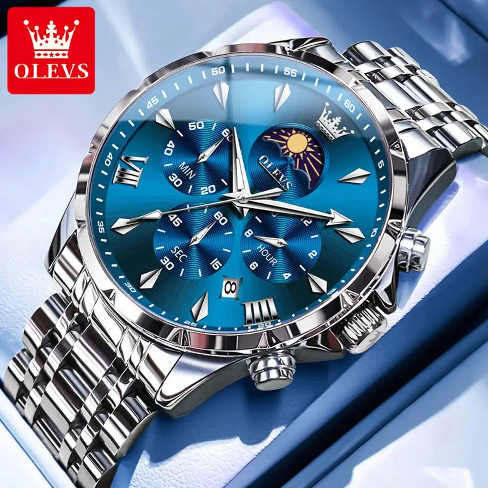 OLEVS 3653 Men Watch Luxury Brand Quartz Watch Multi functional Automatic Date Timer Watch Waterproof Luminous Moonphase Watch