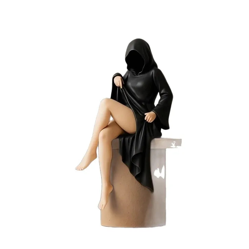 Gothic Statue Sitting Women Resin Ornaments Mysterious Bookshelf Sculptures Ghost Black Horror Robe Desktop Home Room Decor