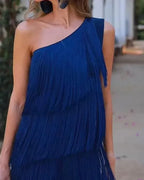 Spring and Summer New Fashion Fringed Slanted Shoulder Asymmetrical Dress for Women