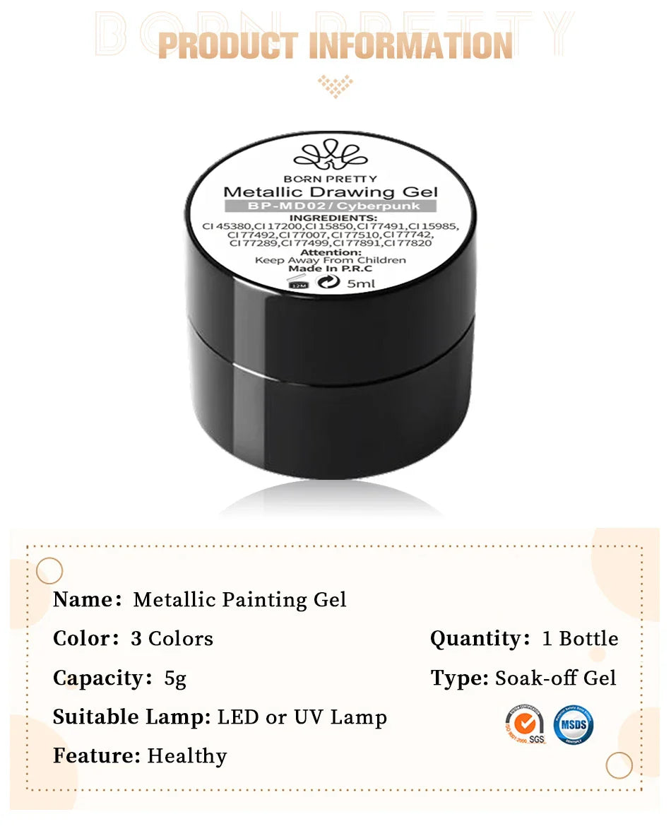 BORN PRETTY Metallic Painting Gel Gold Silver Mirror Effect Nail Polish Super Bright Drawing Line French Nail UV Painting Varnis Lootquake LLC