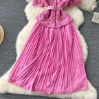 Designer 2025 Summer Pleated Chiffon Lace Long Dress Women Flower Embroidery Gold Button Belt Evening Party Dresses Wedding Robe Lootquake LLC