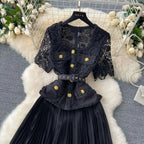 Designer 2025 Summer Pleated Chiffon Lace Long Dress Women Flower Embroidery Gold Button Belt Evening Party Dresses Wedding Robe Lootquake LLC