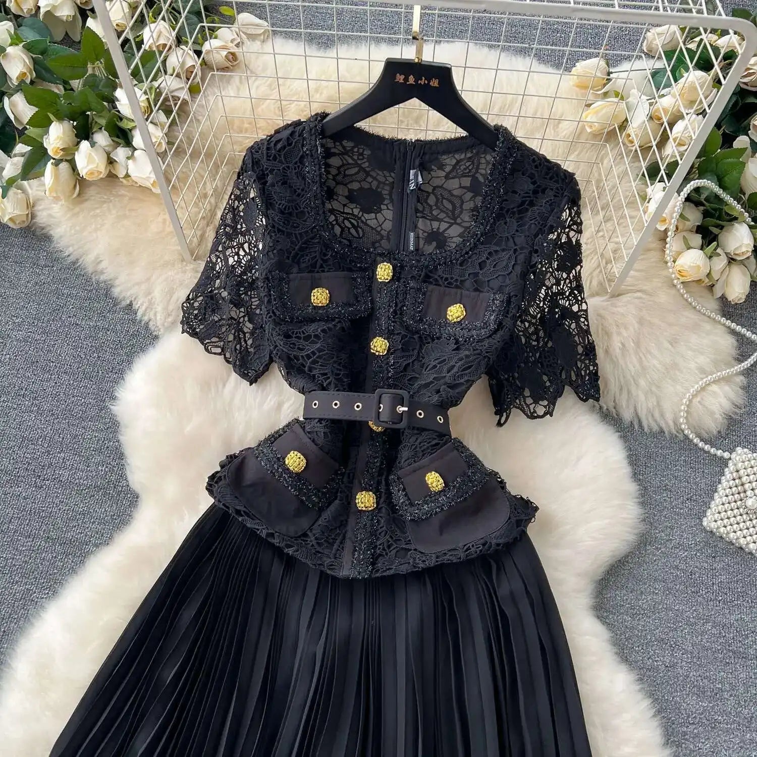Designer 2025 Summer Pleated Chiffon Lace Long Dress Women Flower Embroidery Gold Button Belt Evening Party Dresses Wedding Robe Lootquake LLC