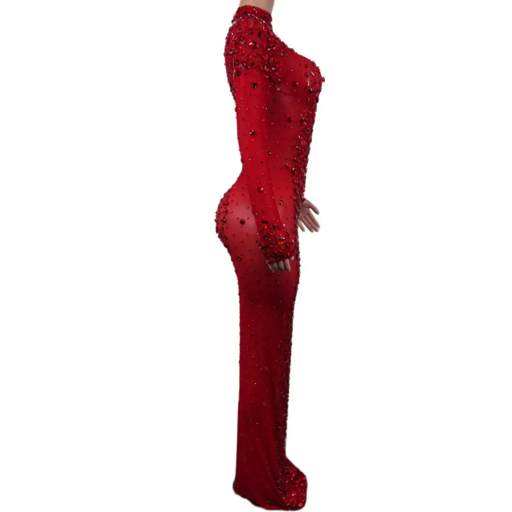 Sexy Party Banquet Evening Dresses Women Sparkly Rhinestone Long Dress Nightclub Singer Stage Costume Festival Clothing Cuixing