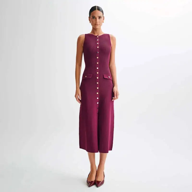 Fashion Knitted Long Dress For Women Elegant Sleeveless Button Maxi Sweater Bodycon Dresses Female Party Fashion Vestidos 2024 N