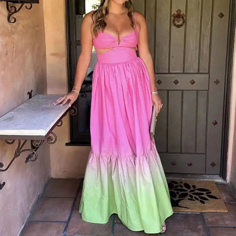 2024 New Spaghetti Strap Gradient Print Long Dress Lady Sexy V-neck Hollow Backless Evening Dress Elegant Sleeveless Slim Dress