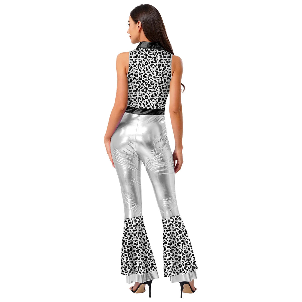 Womens Halloween Retro Hippie Cosplay Costume Party Hip-hop Dance Costume Metallic Shiny Vintage Carnival Bodysuit Jumpsuit Lootquake LLC