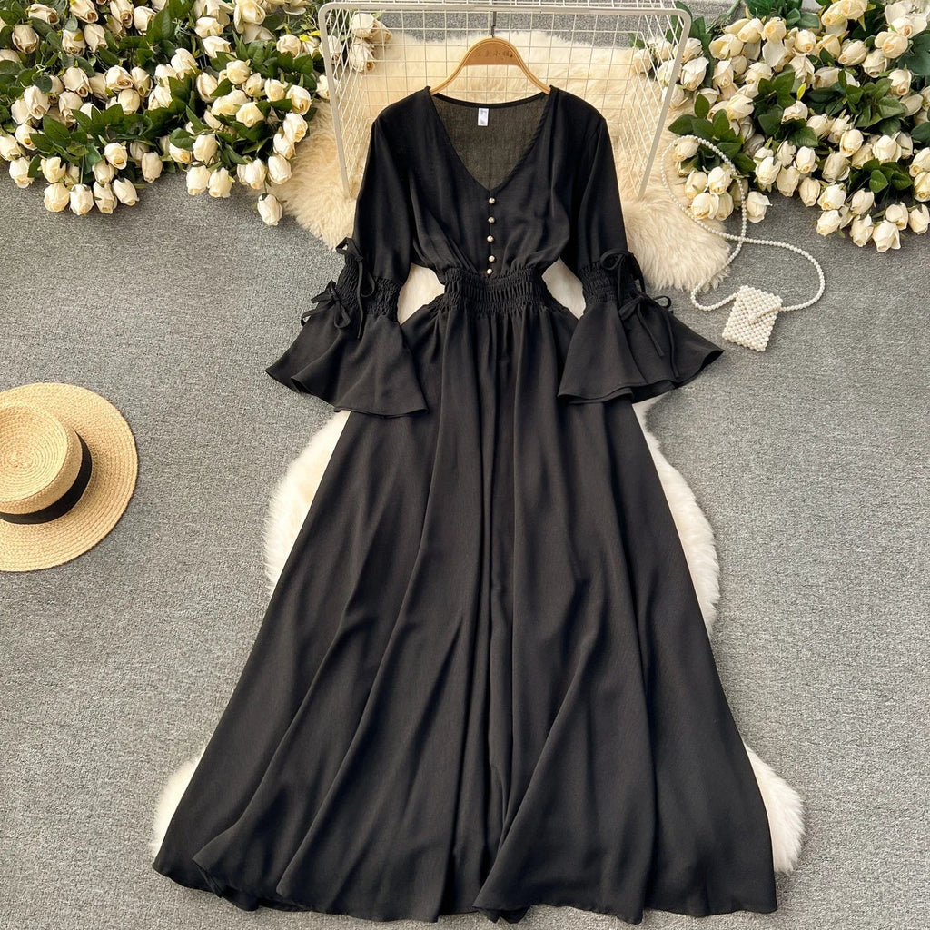 Purple/Green/Red Pleated Maxi Long Dress Women Vintage V-Neck Flare Sleeve Draped Ruffle Vestido Female Maxi Robe Summer Lootquake LLC